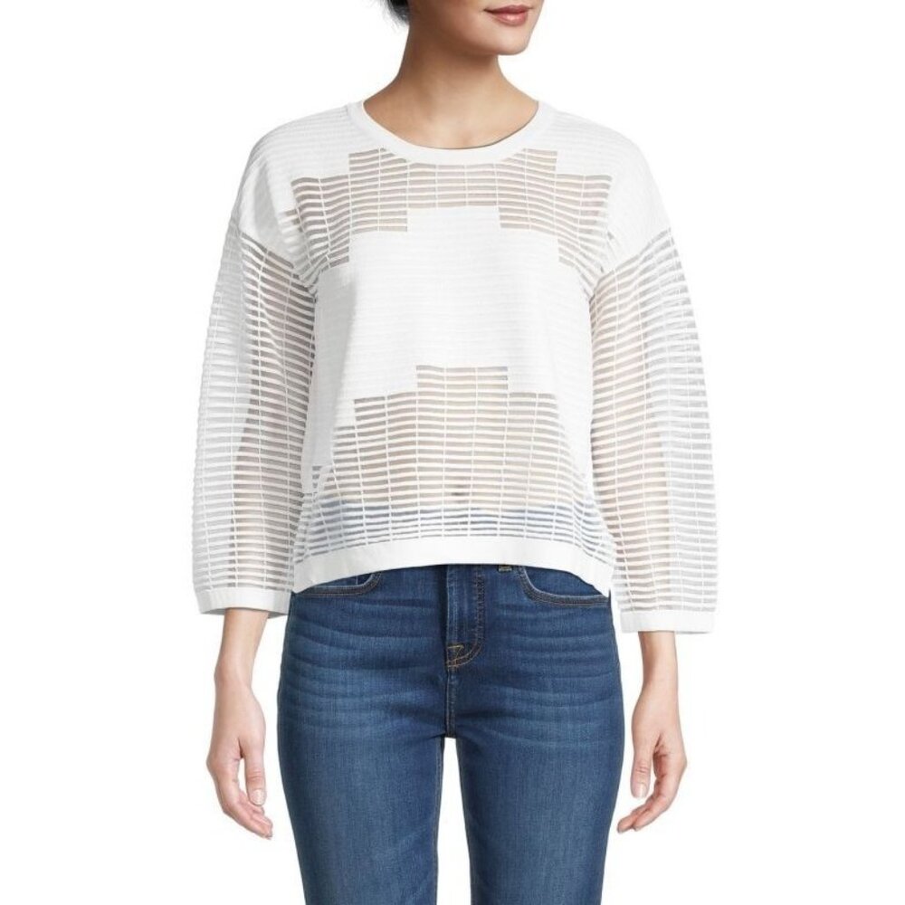 Mariel Womens Mesh Stripe‎ Knit Crewneck Sweater Pullover Boxy Top White Size OS